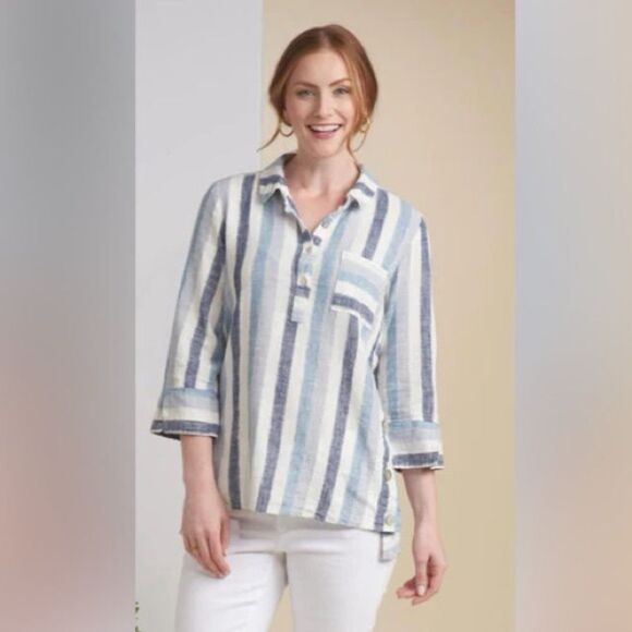 Habitat Linen Tunic Stripe Print Top - Blue & White - Picture 1 of 7